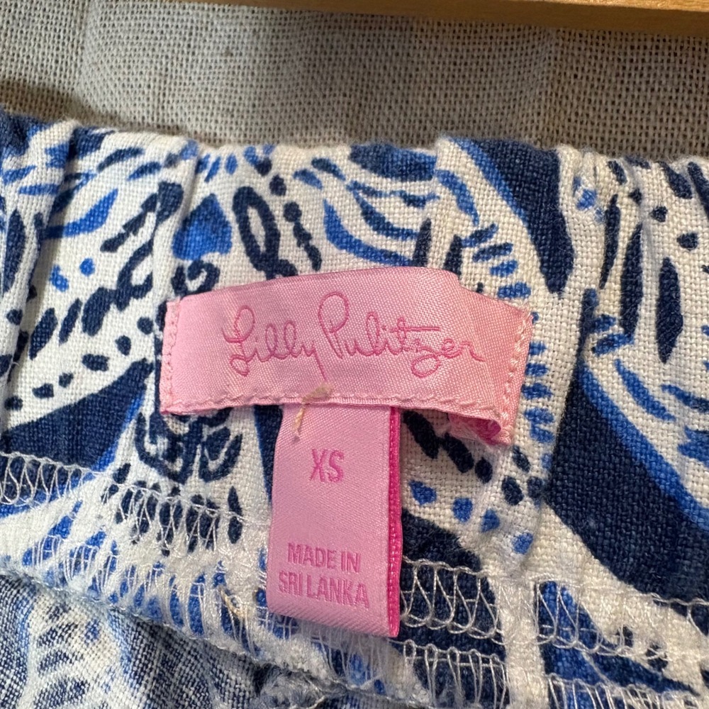 Lilly Pulitzer Palm Print Wide Leg Linen Pants XS Blue White Casual Beach Resort - Picture 3 of 8